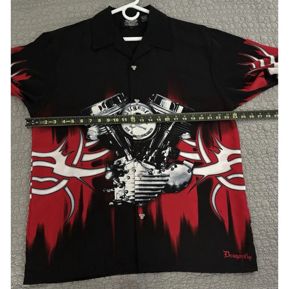 Vintage Y2K Dragonfly Motorcycle V-Twin Engine Biker Tribal Bowling Shirt L NWOT